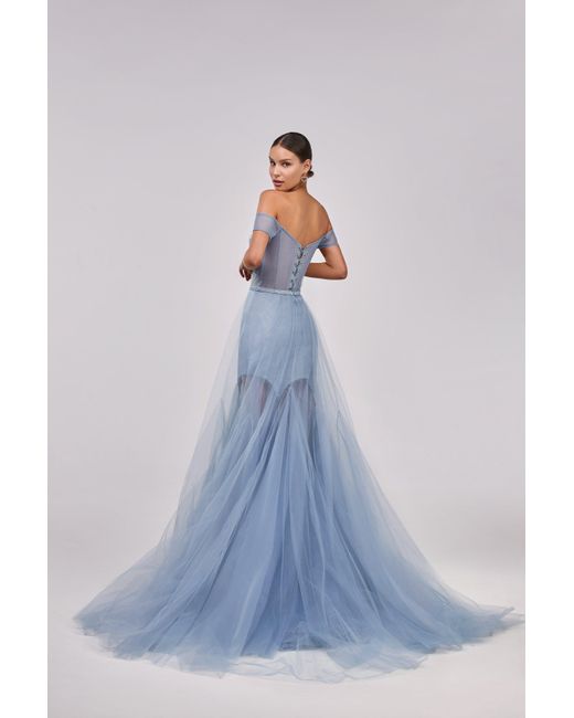 Millà Blue Long Off-The-Shoulder Prom Dress With Inner Skirt