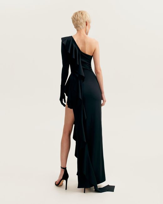 Millà Black One-Shoulder Ruffle-Trimmed Maxi Dress