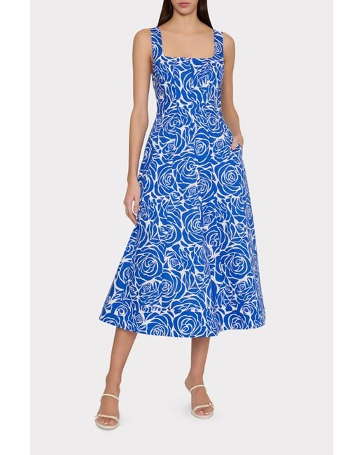 MILLY Nia Blue Rose Poplin Midi Dress