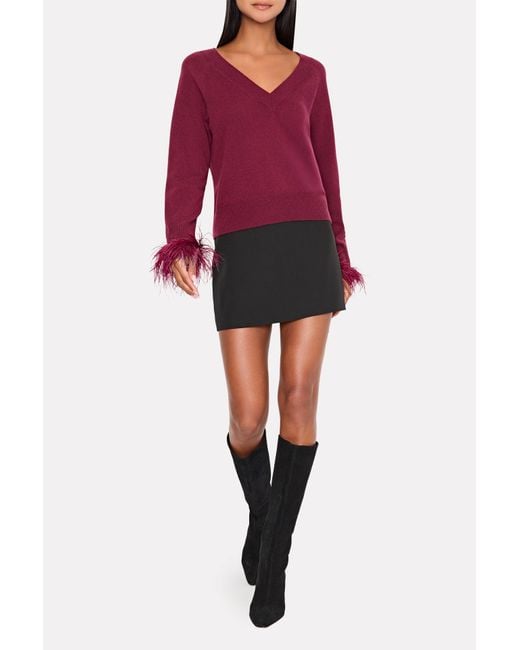 MILLY Red Feather Cuff V-neck Sweater