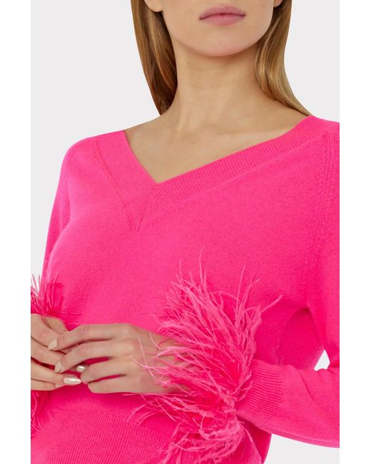 MILLY Pink Feather Cuff V-neck Sweater