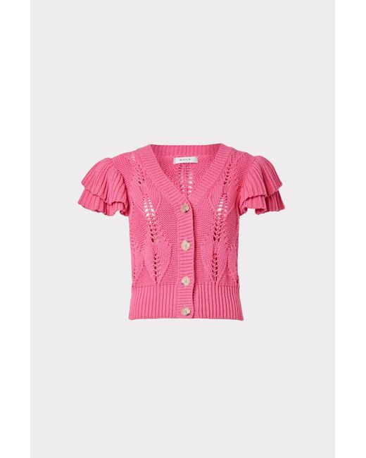 MILLY Pink Ruffle Pointelle Cardigan