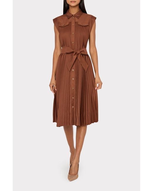 MILLY Brown Johanna Pleated Twill Midi Dress