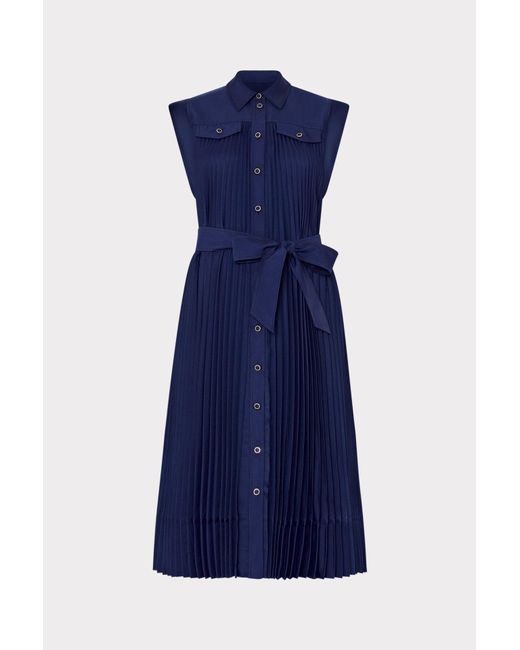 MILLY Women's Blue Johanna Pleated Twill Midi Dress