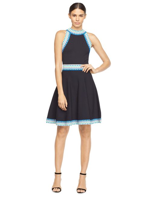 MILLY Blue Woven Trim Flare Dress