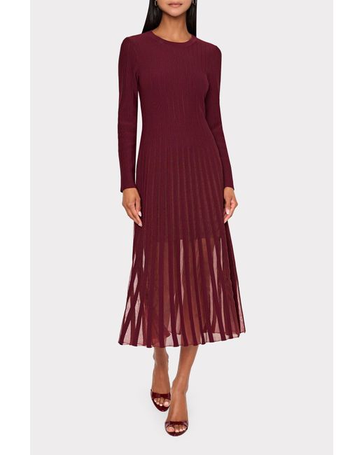 MILLY Sheer Knit Long Sleeve Midi Dress in Red | Lyst