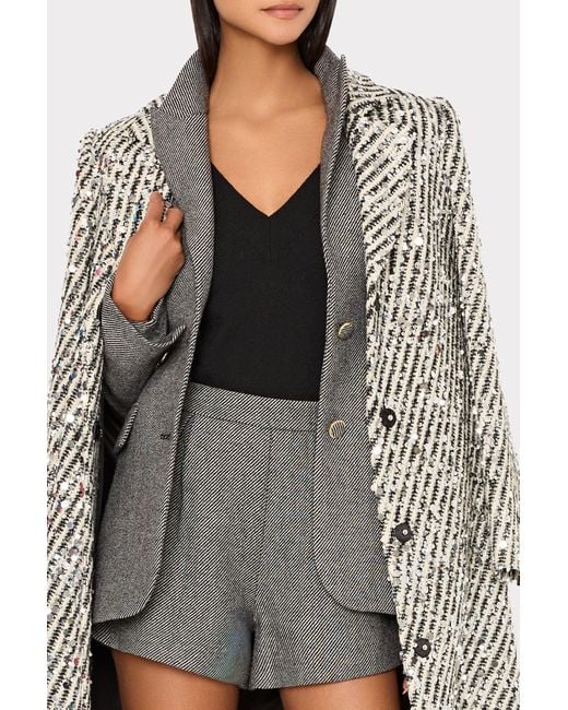MILLY White Wanda Sequins Wool Stripe Coat