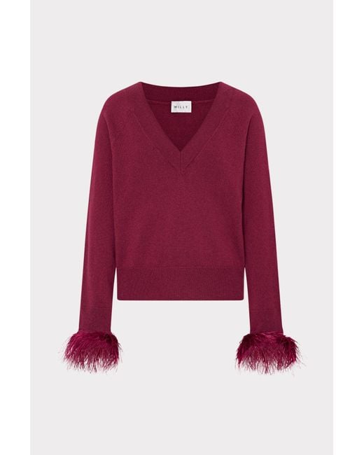 MILLY Red Feather Cuff V-neck Sweater