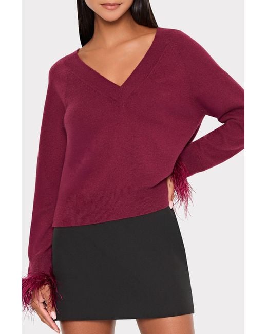MILLY Red Feather Cuff V-neck Sweater