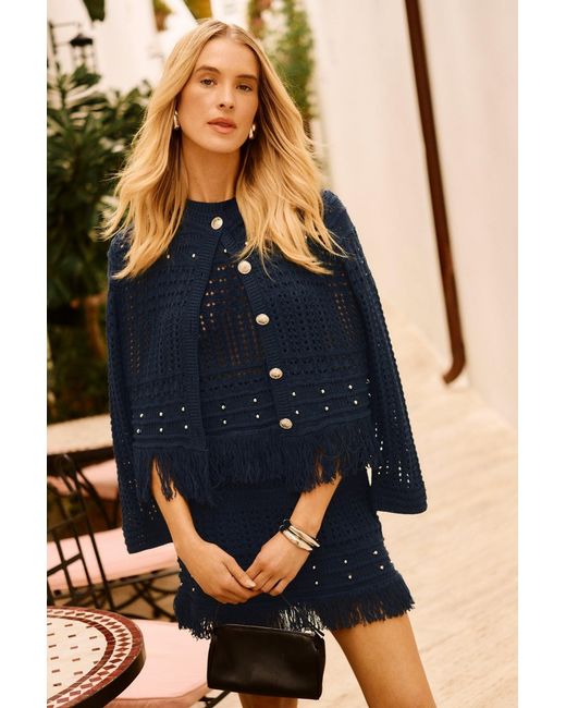 MILLY Blue Beaded Fringe Shell Top