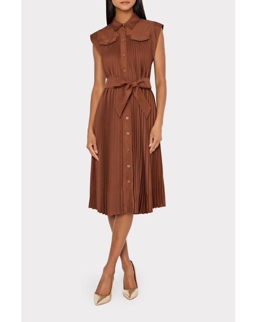 MILLY Brown Johanna Pleated Twill Midi Dress