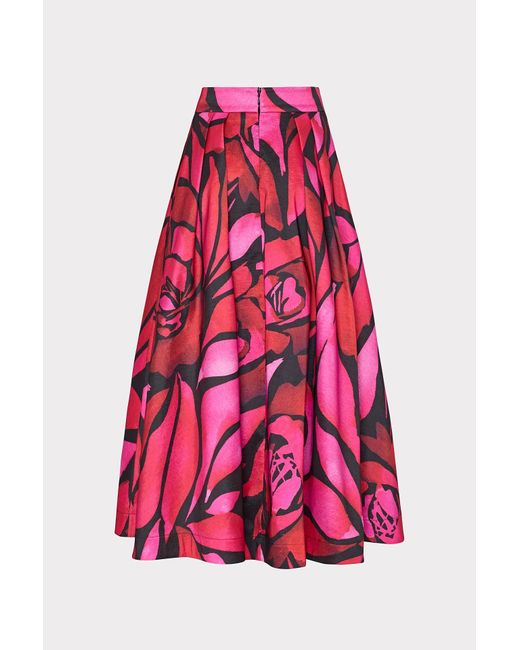 MILLY Juliet Dream Rose Taffeta Midi Skirt in Red Lyst