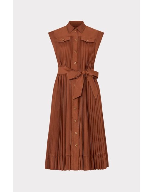 MILLY Brown Johanna Pleated Twill Midi Dress