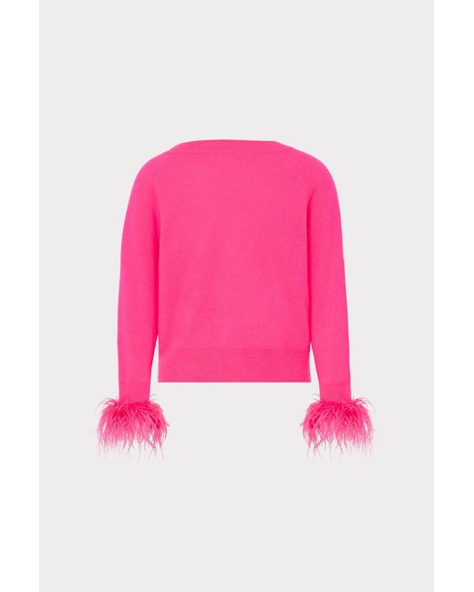 MILLY Pink Feather Cuff V-neck Sweater