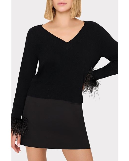 MILLY Black Feather Cuff V-neck Sweater