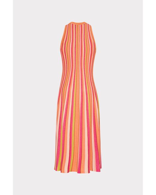 MILLY White Multi Color Stripe Sleeveless Midi Dress