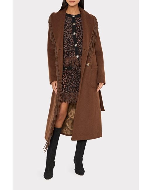 MILLY Brown Wyatt Fringe Wool Overcoat