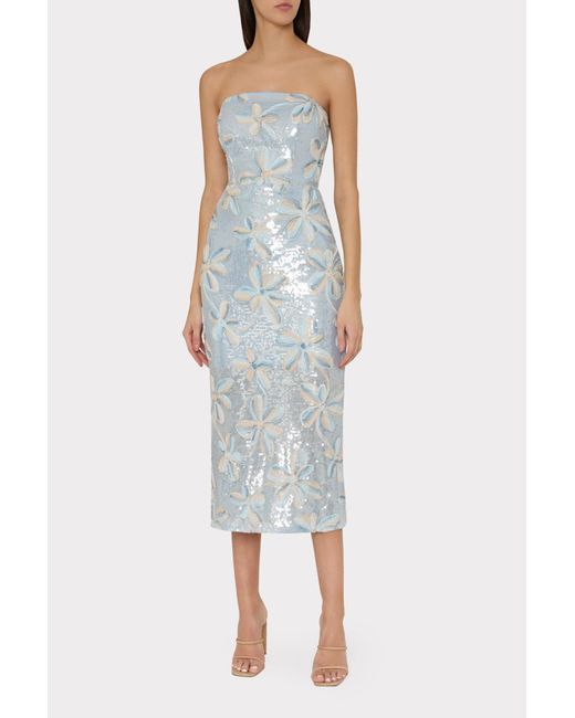 sachin and babi light blue dress MILLY Floral Embroidery Mesh Sequin Midi Dress in White