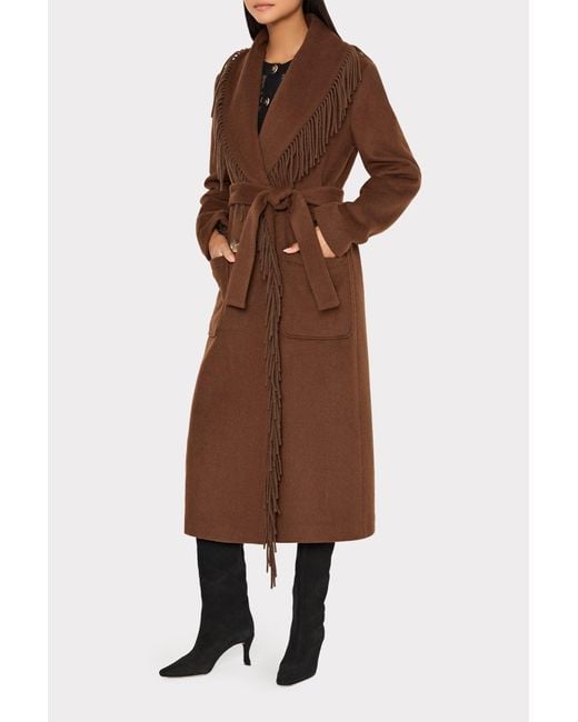 MILLY Brown Wyatt Fringe Wool Overcoat