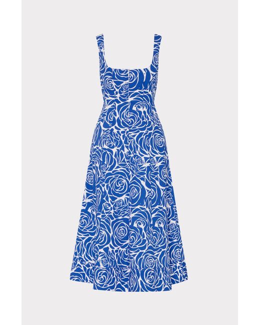 MILLY Nia Blue Rose Poplin Midi Dress
