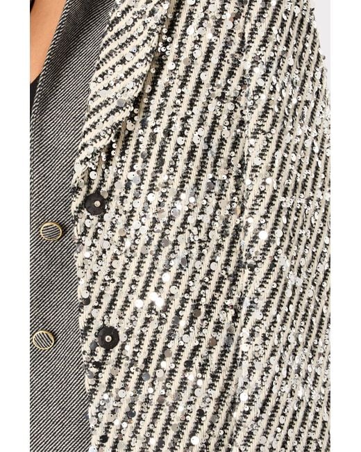 MILLY White Wanda Sequins Wool Stripe Coat