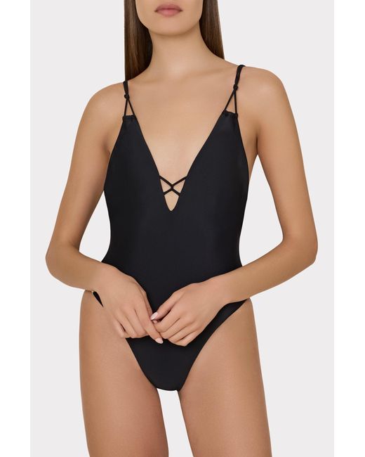 MILLY Blue Solid Carvico Vita Deep V One Piece
