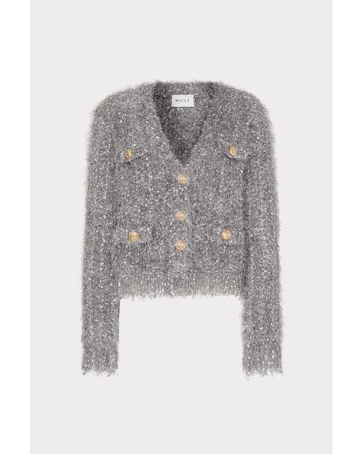 MILLY Textured Fringe Cardigan in Gray | Lyst