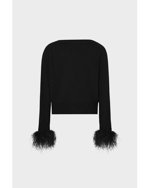 MILLY Black Feather Cuff V-neck Sweater