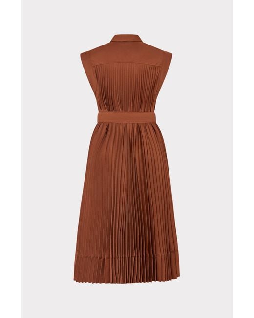 MILLY Brown Johanna Pleated Twill Midi Dress