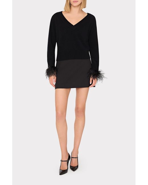 MILLY Black Feather Cuff V-neck Sweater