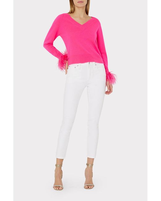 MILLY Pink Feather Cuff V-neck Sweater