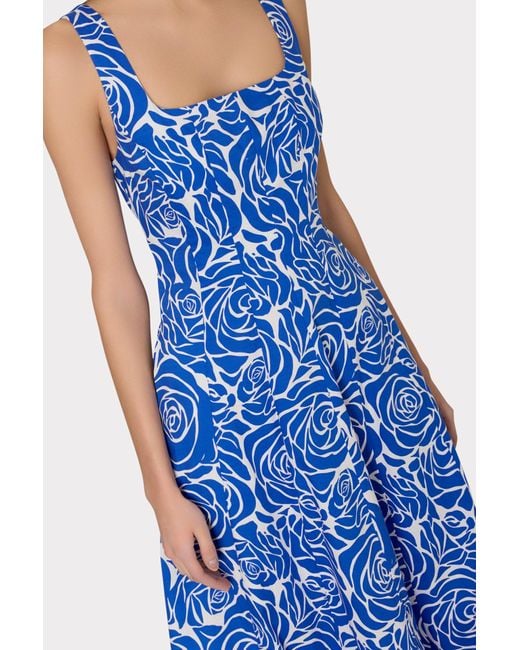 MILLY Nia Blue Rose Poplin Midi Dress