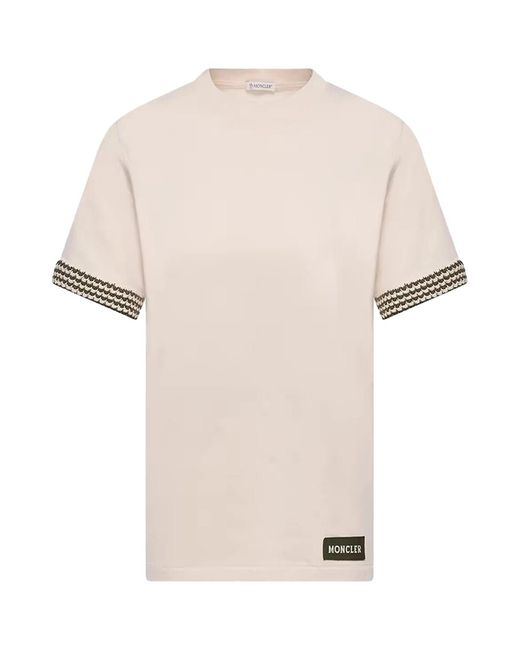 Moncler Natural Crochet-Trimmed Cotton Logo T-Shirt Cream