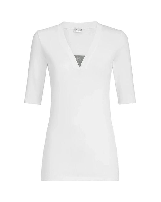 Brunello Cucinelli White V-Neck Embellished T-Shirt