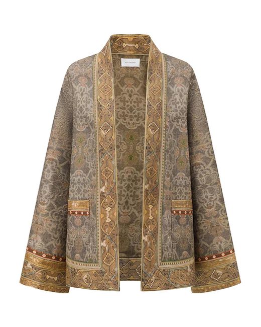 Into The East Natural Moss Tone-On-Tone Printed Tussah Silk Open-Front Jacket
