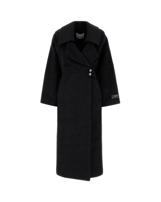 Ganni Black Double-Face Wool Lace-Up Coat Phantom