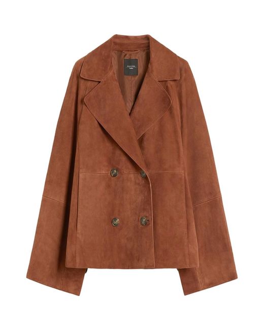 Weekend by Maxmara Brown Double-Breasted Suede Jacket Terracotta