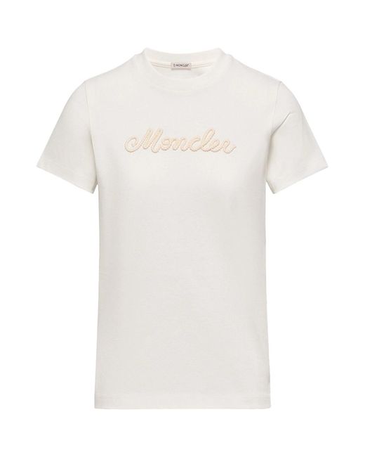 Moncler White Logo Embroidery Cotton T-Shirt