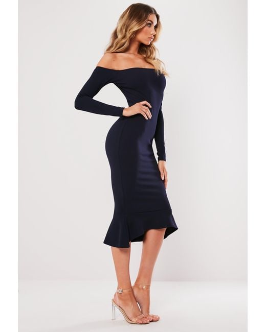 navy bardot fishtail hem dress