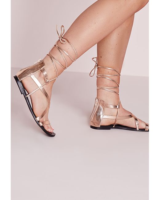 Missguided Strappy Lace Up Flat Sandals Rose Gold in Gold