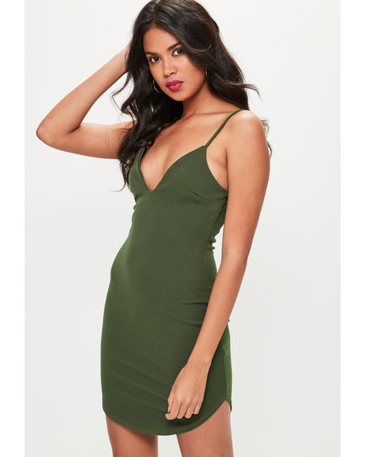 Lyst - Missguided Khaki Strappy Plunge Bodycon Dress in Green - Save 20%