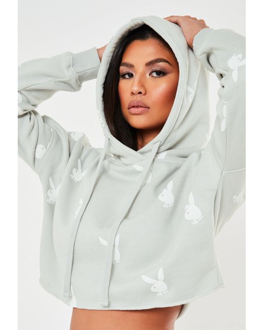 Missguided Synthetic Playboy X Gray Repeat Print Cropped Hoodie Save