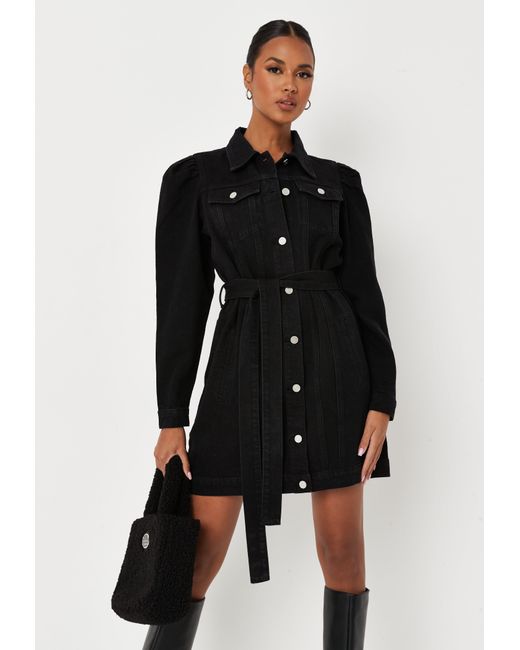 Missguided Black Puff Sleeve Denim Jacket Mini Dress | Lyst UK