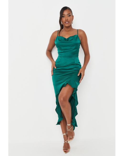 satin ruffle midi dress