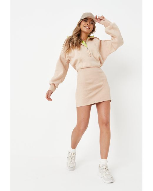 Missguided Natural Double Half Zip Fitted Mini Sweater Dress