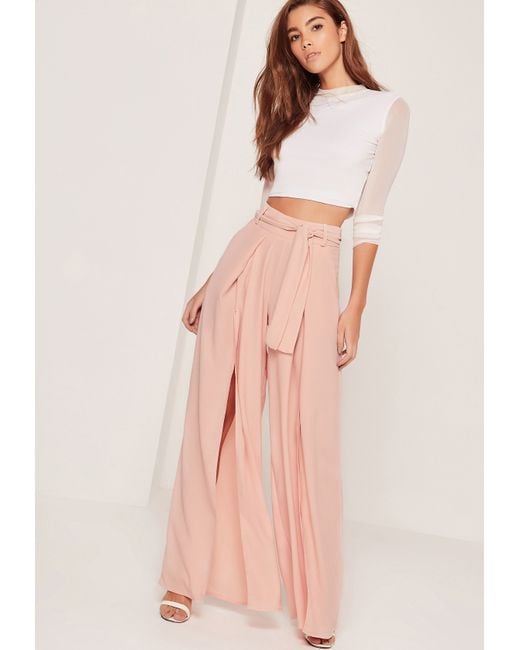 Missguided Split Front Palazzo Trousers Tie Belt Pink in Pink | Lyst