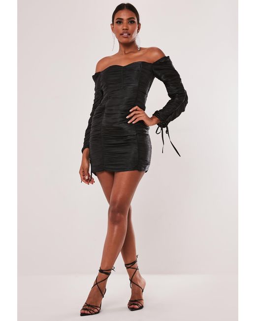 black ruched bardot dress