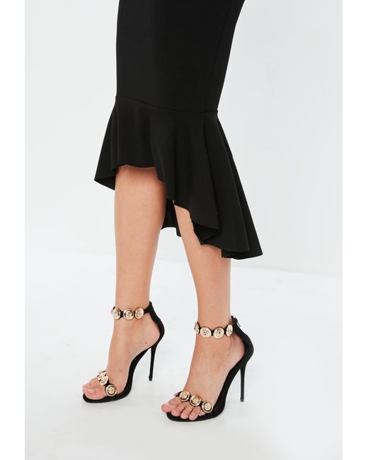 black bardot fishtail bodycon midi dress