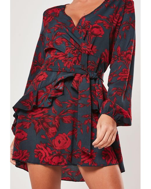 Red floral frill waist v neck smock dress Clearance