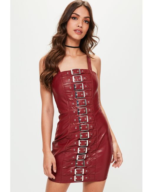 Missguided Red Faux Leather Buckle Detail Bodycon Dress in Red - Save ...